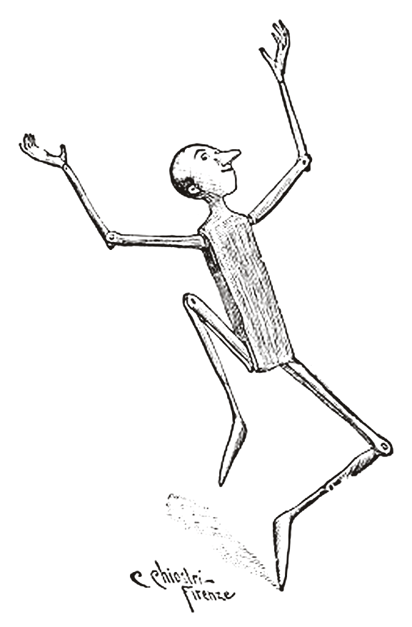 Pinocho bailando, ilustración de Carlo Chiostri